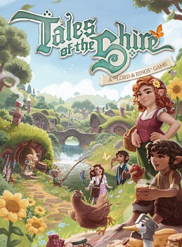 The Tales of the Shire cover art - there is a hobbit village in the background with many hobbit characters in the background, midground and foreground.