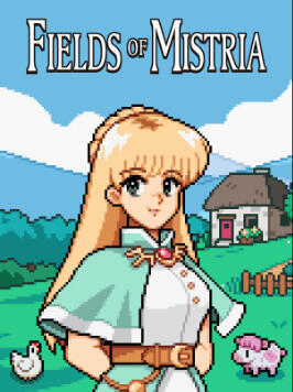 The Fields of Mistria cover art: an anime-style blonde girl is in the foreground, with a farm in the background, including a house, chicken and pink cow. The colours are all pastels