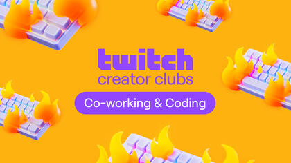 A bright orange background with flaming keyboards around the outside and the words "Twitch creator clubs, Co-working & Coding" in the middle